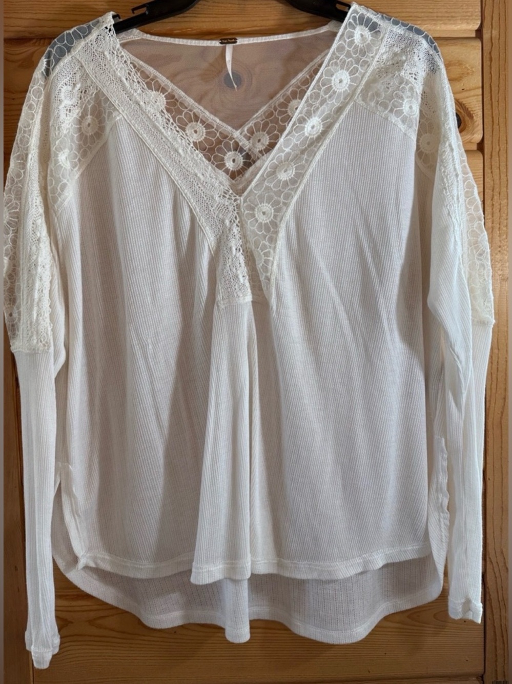 Free People Women's Cream Lace V-Neck Long Sleeve Top XS